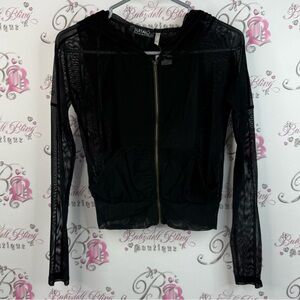 Buffalo David Bitton hoodie sweater mesh see-through Black Sheer Zip-Up Top